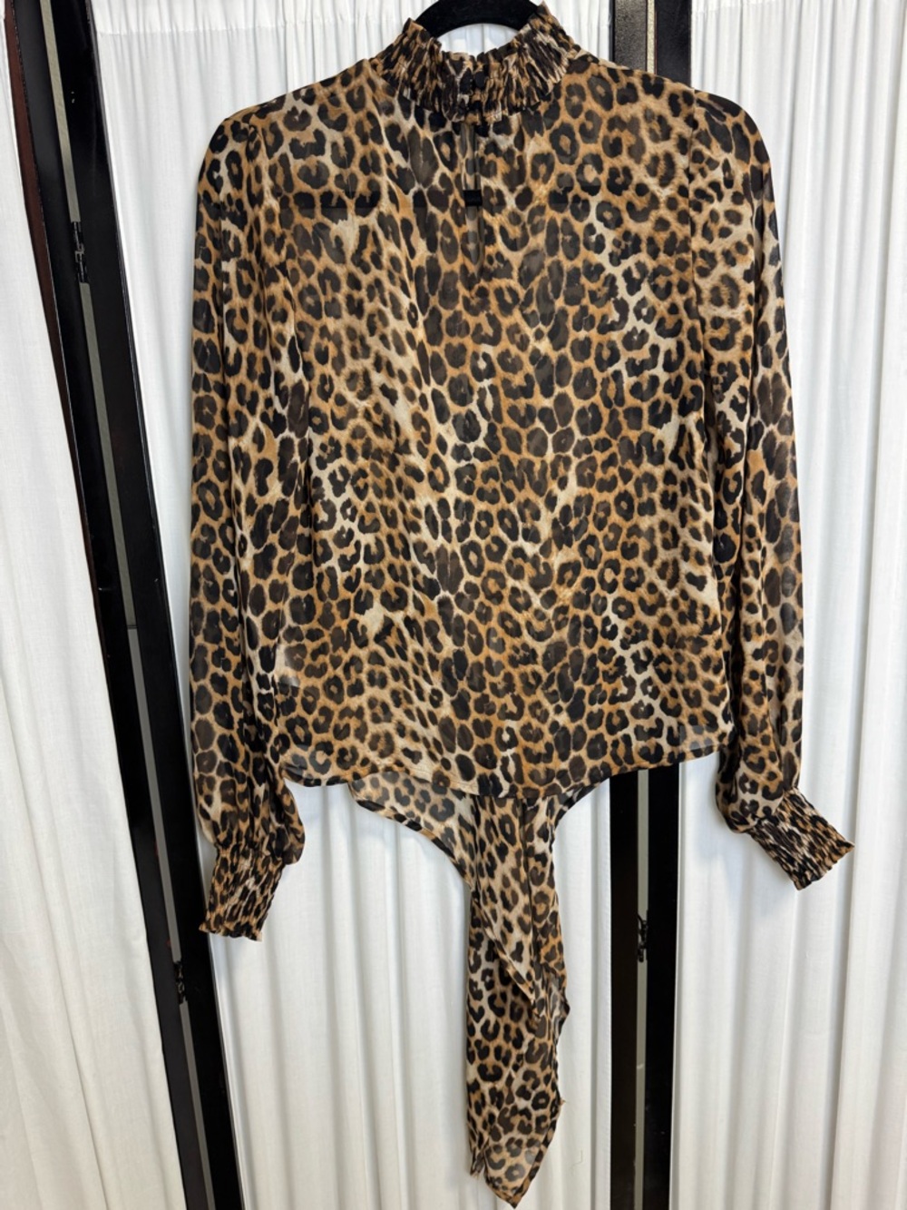 Leopard Print Long Sleeve Bloused sheer chiffon Top that ties in front